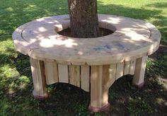 a wooden bench sitting under a tree in the grass