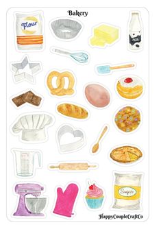 an assortment of food stickers on a white background