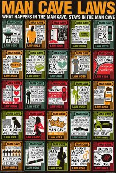 the poster for man cave laws shows different types of signs and symbols, including men's names