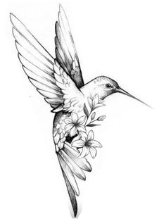 a hummingbird flying with flowers in its beak