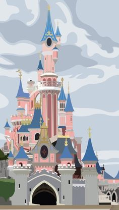 the castle is pink and blue with many turrets on it's sides, surrounded by clouds