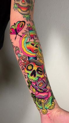 Tattoo Ideas For Women Rainbow Sleeve Tattoo, Awesome Small Tattoos, Colorful Cartoon Tattoos, Cool Tattoos Sleeve, Colorful Half Sleeve Tattoo, Cool Colored Tattoos, Hand Tattoos Color, Mario Brothers Tattoo, Color Patchwork Tattoo