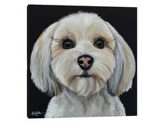 a painting of a white dog on a black background