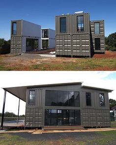 two pictures side by side of a house made out of shipping containers