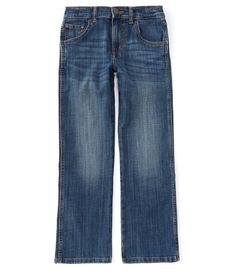 From Wrangler&#x2C; these jeans feature: adjust to fitsits lower on the waistrelaxed fit in the seat and thighszippered fly with button closurebelt loopsfits over bootstwo front pockets (one with coin pocket)two back pockets with "W" designcotton/spandexMachine wash; tumble dryImported. Boy Jeans, American Freedom, Wrangler Jeans, Boys Jeans, Jeans Men, Family Outfits, Dillard's, Big Boys, Fit In