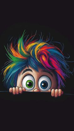 a cartoon character with colorful hair peeking out from behind a black wall, looking over the edge