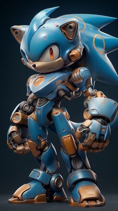 a blue and gold robot that is in the shape of a cat with big eyes