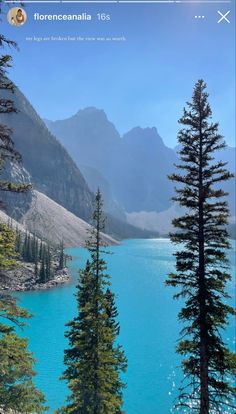 the blue water is surrounded by pine trees