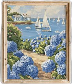 a painting of blue hydrangeas and sailboats on the water