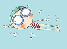 a cartoon character floating in the water wearing goggles