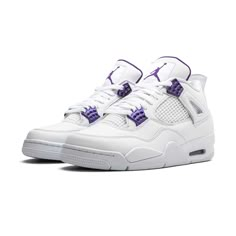 The Air Jordan 4 “Metallic Pack – Purple” one of four special edition colorways of the iconic model released for summer 2020. Inspired by the original “Metallic” colorways of the Air Jordan 1, the white and metallic-colored scheme is translated to four editions of the Air Jordan 4, including red, orange, green, and purple. Each [...] Purple And White Jordans, Jordan 4 Metallic Purple, Jordan 4 Retro Metallic, Fire Shoes, Pretty Sneakers, Jordan Retro 4, Trendy Shoes Sneakers, Jordan Shoes Girls, Preppy Shoes