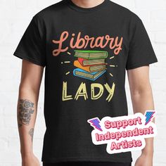 a man wearing a library lady t - shirt