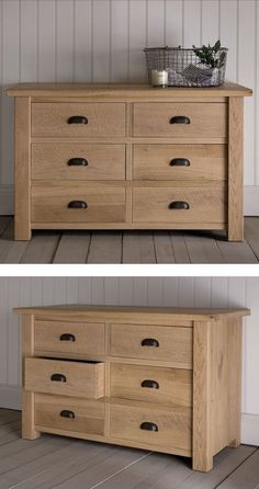 two side by side images of a wooden dresser