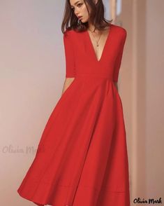 OliviaMark - Sophisticated Evening Gown featuring a Chic Deep V-Neckline, Sleeves, and Graceful Flowing Skirt Red A-line V-neck Dress For Spring, Solid Color A-line V-neck Evening Dress, Red V-neck Dress For Spring Date Night, Elegant A-line V-neck Dress, Elegant V-neck Formal Dress In Solid Color, Red V-neck Midi Party Dress, Elegant Solid Color V-neck Dress For Formal Occasions, Chic Red V-neck Dress For Formal Occasions, Red V-neck Maxi Dress