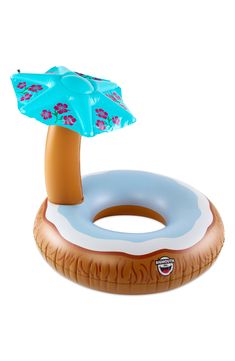 an inflatable float with a beach umbrella on the top, and a floating pool ring around it