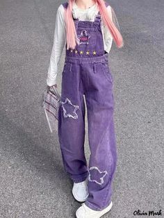 Olivia Mark - Vintage High-Waisted Denim Jumpsuit in Lavender Denim Suspenders, Purple Denim, Street Jeans, Jeans Overall, Streetwear Mode, Suspender Pants, Y2k Preppy, Baby Tees Y2k, Purple Pants