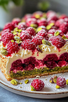 a cake with raspberries and pistachios on it is sitting on a plate