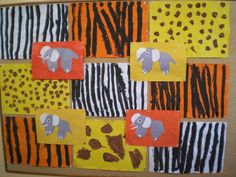 an art project with zebras, elephants and cheetah on yellow paper squares