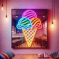 an ice cream cone with neon lights in a restaurant