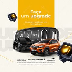 an advertisement for a new car that is orange and black