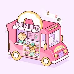 a pink food truck with donuts on the side and a cat sitting at the top