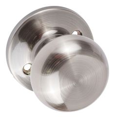 an image of two knobs on a door handle in satin chrome finish, isolated against a white background