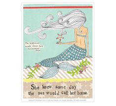 a card with a mermaid sitting on the beach