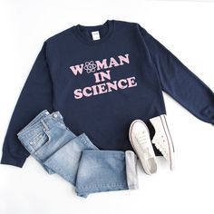 Science Sweatshirt, Women in Science Sweater, Sweatshirt for girl scientist, Gift for Chemistry Physics Students, Atom Sweatshirt  This soft sweatshirt has a loose fit for a comfortable feel. With durable print, it will be a walking billboard for years to come. .: Loose fit .: 50% Cotton; 50% Make Your Own Sweatshirt, Women In Science, Librarian Shirt, Teacher Outfit, Teacher Tees, Sweatshirt Women