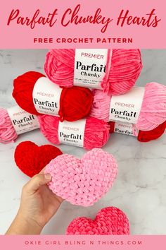 the crochet heart pattern is shown in pink and red