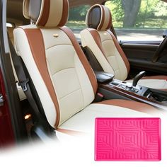 the interior of a car with pink and white leather seats, including one for the front seat