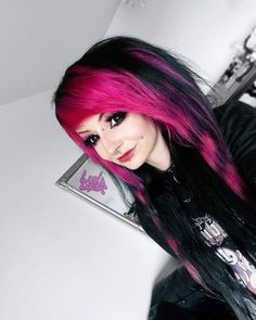 @xlunalavishx on IG!  scene , scenegirl , scene queen , scene style , scene queen 2024 , emo , emo girl , scene hair , raccoon tails , hellokittycore , sanriocore , rawring20s , black and pink hair , scene fashion , rawr xD , scenequeen , y2k , piercings , cheek piercings , scene make up , emo make up , emo fashion , emo style , emokid , scenekid , face tattoo Black And Blonde Scene Hair, Pink And Black Scene Hair, Scene Hair Dye Ideas, Y2k Piercings, Scene Queen Hair, Black Emo Hair, Blonde Scene Hair, Black And Pink Hair, Scene Hair Bangs