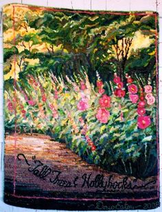 a painting on the wall of a garden with pink flowers and green trees in the background