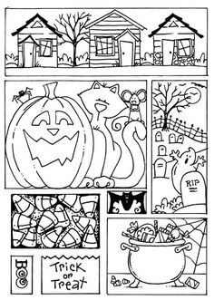 halloween coloring pages for kids with pumpkins and other things to color in the background