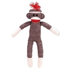 a sock monkey with a red hat on it's head