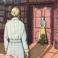 a drawing of a woman standing in front of a book shelf with books on it