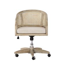 an office chair with wheels and a seat cushion on the back, in front of a white background