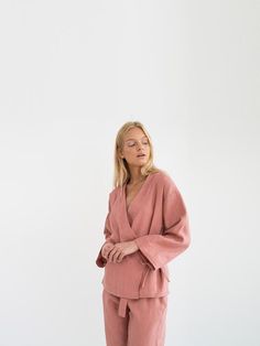 DELILAH is a linen kimono wrap top. DETAILS - Long wide sleeves - Front side tie closure - 100% lightweight European linen fabric - Cut and sewn to order just for you in our studio COLOR - Salmon Pink, you can also choose other colors above - Fabric samples are available here Kimono Wrap Top, Linen Kimono, Kimono Wrap, Linen Clothing, Kimono Jacket, Tie Top, Wide Sleeves, Linen Clothes, Yoga Wear