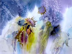 an abstract painting with flowers and water drops