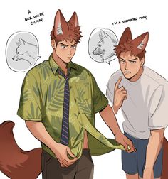 two men are standing next to each other with foxes on their heads and one has his hand in his pocket