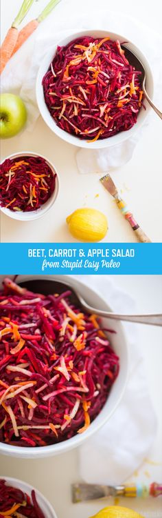 beet, carrot and apple salad in two white bowls