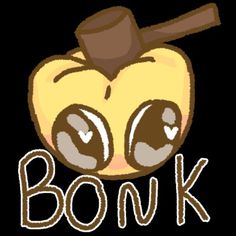 the words bonk are written in front of an apple with eyes and a hat on top