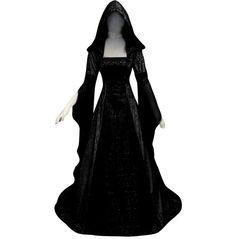 Hooded Halloween Vampire Witch Medieval Masquerade Women's Maxi Dress Dark Medieval Dress, Fitted Long Sleeve Medieval Dress For Halloween, Witch's Outfit, Fitted Long Sleeve Elvish Dress, Hooded Dresses For Winter Costume Party, Long Sleeve Fantasy Medieval Dress For Halloween, Fantasy Long Sleeve Medieval Dress For Halloween, Fitted Dresses For Winter Fantasy Events, Gothic Medieval Dress With Long Sleeves For Halloween