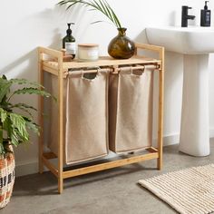 a bathroom with a sink and two towels on the rack next to it is a potted plant