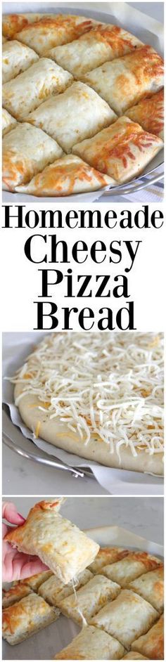 homemade cheesy pizza bread is shown in three different stages to make it look delicious