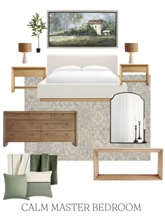 a bedroom with white walls and wood furniture