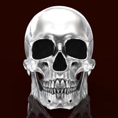 a silver skull with black eyes and teeth on a dark background, viewed from the front