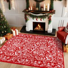 a living room decorated for christmas with red rugs and decorations on the fireplace mantel