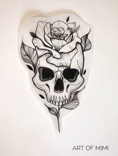 a drawing of a skull with a rose on it's head and the words art of mimi written in black ink