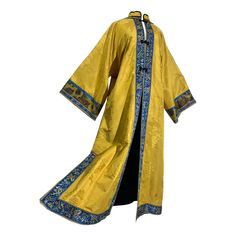 Traditional Imperial Yellow Embroidered Chinese Summer Robe w Blue Banding: Asian-patterned damask fabric with front frog closures down front blue placket and banded collar. Full sleeves. Lined in black silk satin. Fits up to US size 10. Damask Fabric, Kimono Vintage, Azzedine Alaia, Us Size 10, Material Girl, John Galliano, Traditional Clothing, Full Sleeves, Black Silk