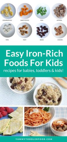 the cover of easy iron - rich foods for kids is shown with pictures of different foods and